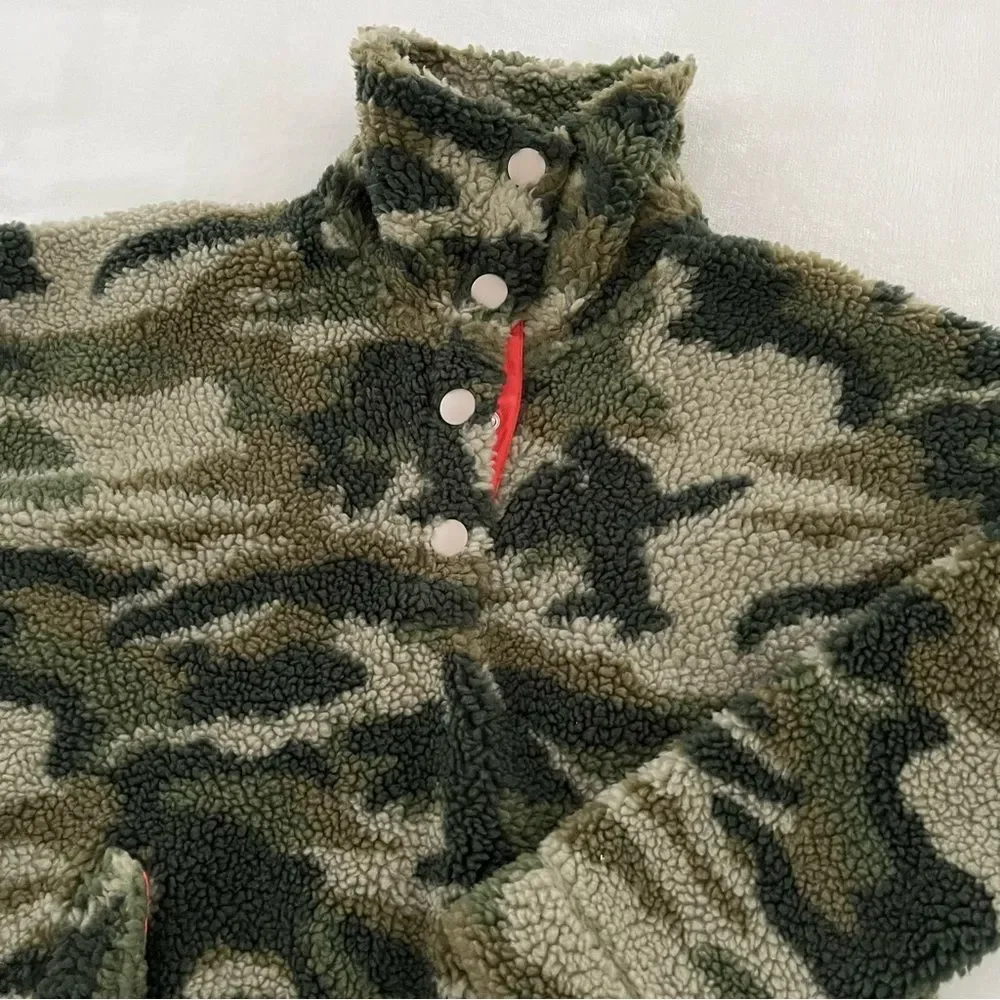 NWT J. Crew Camo Snap-Collar Sherpa Pullover Fleece Sweatshirt, Size XXS